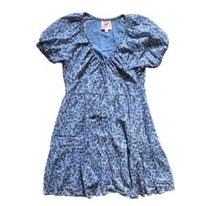 Banjanan Mini Dress Womens XS Blue Floral Print Cotton Short Sleeve Scoop Neck